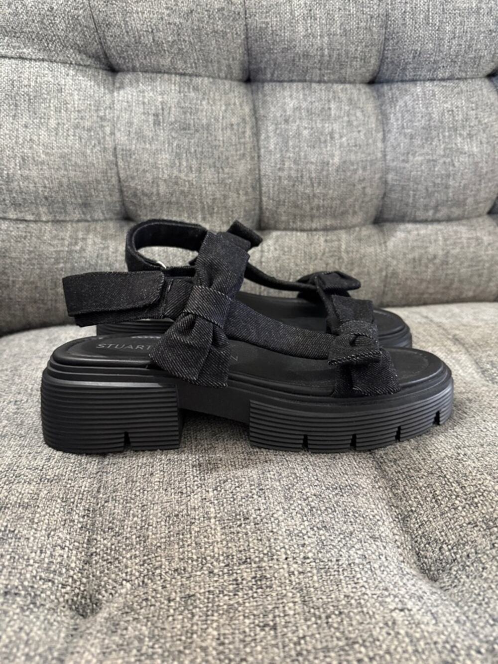Stuart Weitzman Sofia Nolita sandals black denim straps with bows size 9.5